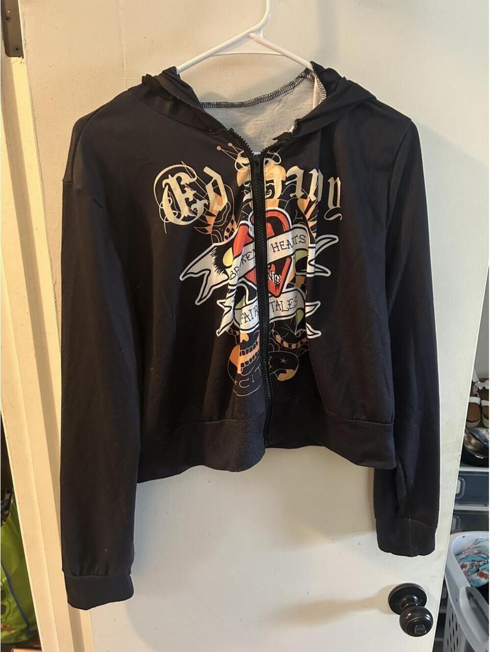 Ed Hardy cropped black zip up hoodie with tattoo-style graphic size L